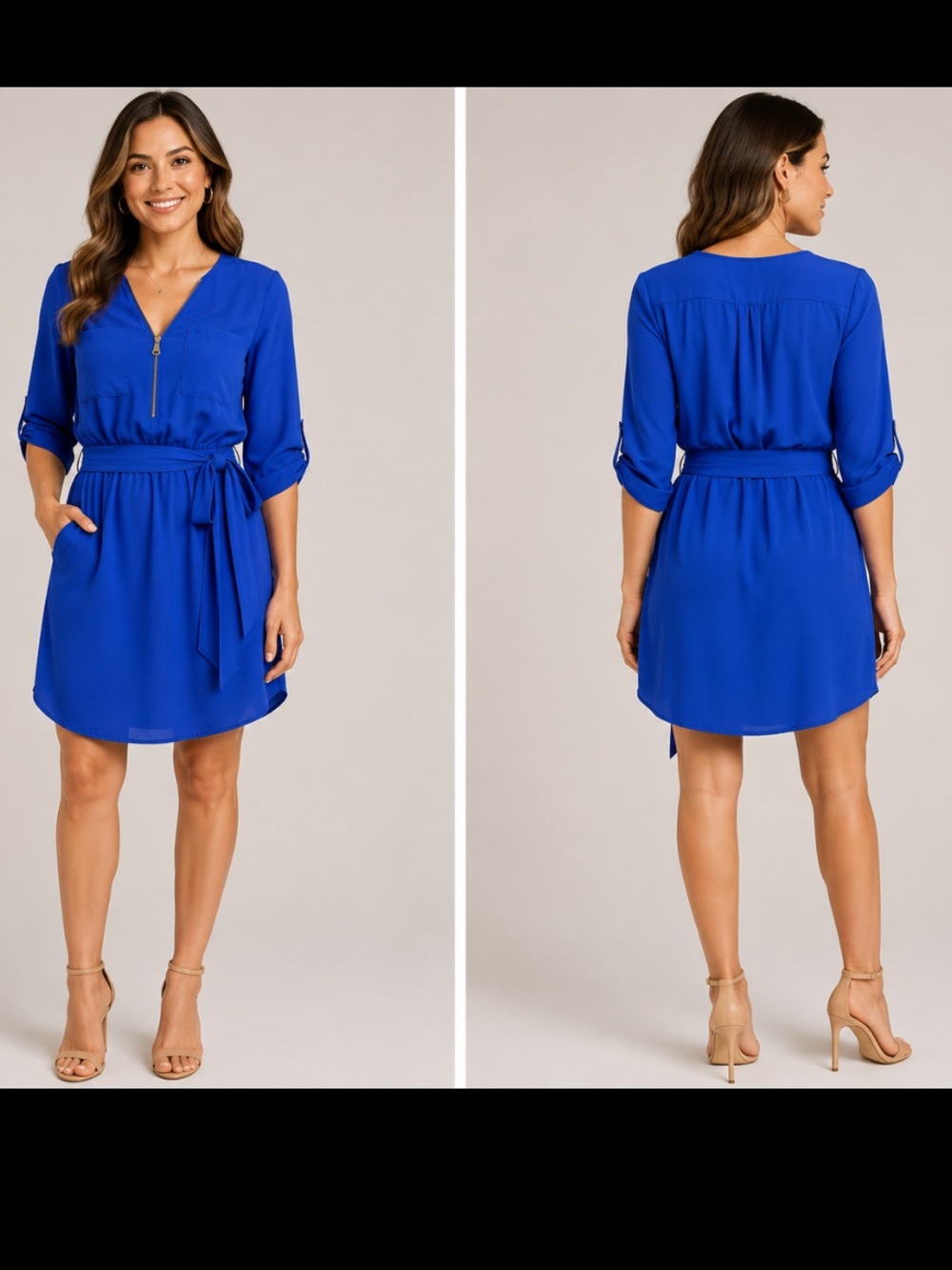 WISHFUL PARK Cobalt Blue 3/4 Zip-Front Belted Dress Size XL